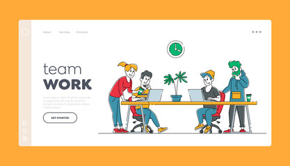 Teamwork Landing Page Template. Creative People Business Team Group Working with Laptops in Studio. Office Employees Characters, Businesspeople Work in Coworking Company. Linear Vector Illustration