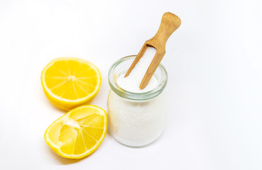 Citric acid on a white isolated background. Selective focus.