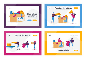 Social Altruism, Donation and Charity Landing Page Template Set. Characters Filling Boxes with Different Clothes for Poor People who Appears in Complicated Life Situation. Cartoon Vector Illustration