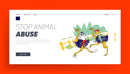 Characters Riding on Ostriches on Farm Zoo Landing Page Template. People Tourists Spend Holidays in Thailand or Indonesia. during Summertime Vacation in Tropical Country. Linear Vector Illustration