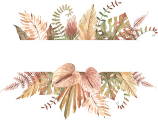 Fototapeta na wymiar frame with watercolor hand painted tropical leaves. Monstera, fern, protea, anthurium, palm, banana leaf. Exotic plants in pastel colors. High quality clipart for wedding supplies, greeting cards.