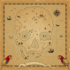 Square pirate cartography map shaped like a skull with a frame, a banner, a compass and parrots. Includes various icons: galleon, shark, ships, rum, treasure, canon, barrel, lighthouse, raft, mermaid.