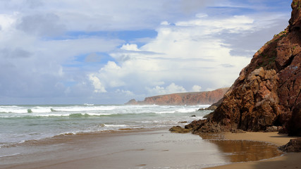 Morocco. Mirleft. Beach. View from the cliffs to the Atlantic Ocean.