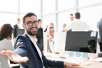 successful businessman inviting you to his office