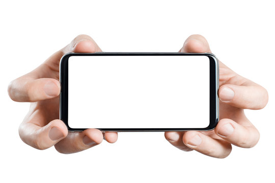 Hands holding black smartphone , isolated on white background