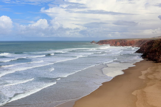 Morocco. Mirleft. Beach. View from the cliffs to the Atlantic Ocean.