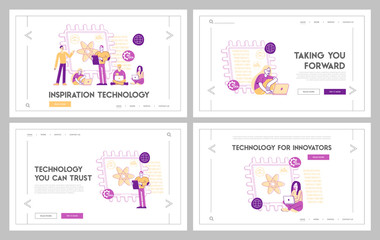 Quantum Computing Landing Page Template Set. Optical Technology, Photonics Research. Tiny Characters Engineers and Scientists Working with Quantum Computer Chip. Linear People Vector Illustration