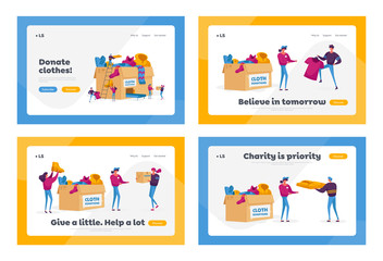 Donation and Charity Organization Landing Page Template Set . Tiny Volunteers Characters Bringing Clothes for Poor Beggar People in Complicated Life Situation to Huge Box. Cartoon Vector Illustration