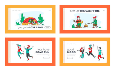 Happy People Jumping, Characters Backpacking Hobby Landing Page Template Set. Group of Friends Company Jumping with Hands Up. Happy Family in Camping Tent, Couple at Fire. Linear Vector Illustration