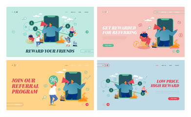 Obraz na płótnie Canvas Referral Program, Refer a Friend Landing Page Template Set. Salesman Character Shouting to Megaphone Attracting Audience. People Connected with Internet Worldwide Network. Cartoon Vector Illustration