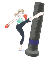 フィットネスでキックボクシングする女性