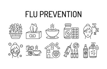 Flu prevention black line icons set. Prevention of the disease and spread of the influenza virus. Pictogram for web page, mobile app, promo. UI UX GUI design element.