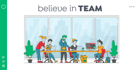 Business People Characters Discussing Idea in Office Landing Page Template. Team Project Development, Teamwork Process. Creative Employees Working on Laptop and Communicate. Linear Vector Illustration