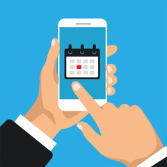 Man holds phone and chooses date on a calendar. Deadline concept. Vector illustration.	