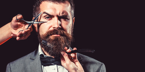 Beard care. Bearded client visiting barber shop. Vintage barbershop, shaving. Bearded man, bearded...