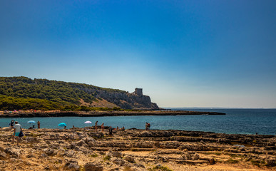 The wonderful bay of Porto Selvaggio, with pebbly and rocky beach. In Nardò, Italy, Puglia, Salento. People sunbathe and swim in the turquoise sea. The Torre dell'Alto on the promontory. Wild nature.