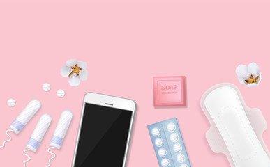 Set of female menstrual cycle hygiene products. Sanitary napkin, tampons, pills, flowers, smart phone