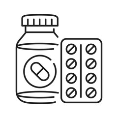 Pill bottle and blister black icon. Pharmaceutical product. Health care symbol. Pictogram for web page, mobile app. UI UX GUI design element. Editable stroke.