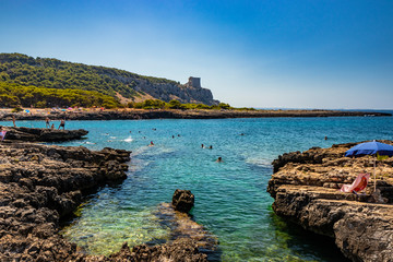 The wonderful bay of Porto Selvaggio, with pebbly and rocky beach. In Nardò, Italy, Puglia,...