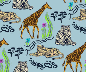 Obraz premium Vector background hand drawn exotic wild animals. Hand drawn ink illustration. Modern ornamental decorative background. Vector pattern. Print for textile, cloth, wallpaper, scrapbooking