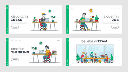 Remote Freelance Work Landing Page Template Set. People Freelancers Working Distant on Laptop. Creative Employee Characters Work at Home and Teamwork in Coworking Area. Linear Vector Illustration