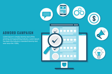 Adword campaign concept, Search marketing, PPC advertising banner. Flat cartoon design 
