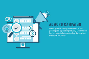  Adword campaign, Search marketing, PPC advertising banner with icons and texts