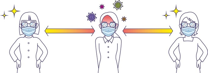 マスクをして保菌者との適度な距離を保った女性たち