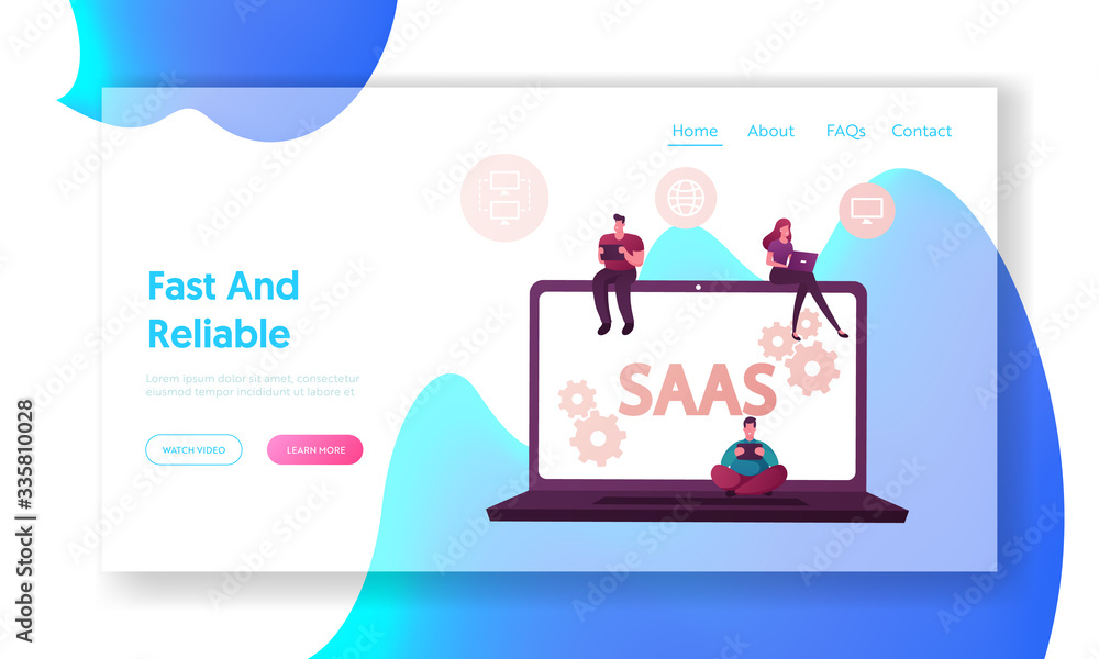 Poster saas, software as a service landing page template. cloud software, mobile devices, codes. app server