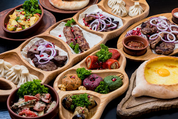 Georgian cuisine food set. Georgian restaurant. Restaurant background.