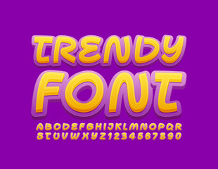 Vector Trendy Font. Bright Violet and Yellow Alphabet Letters and Numbers