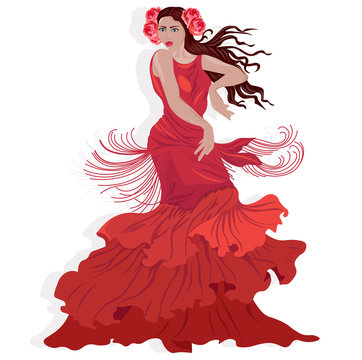 Beautiful lady in red dress with rose flowers in hair dancing oriental moves