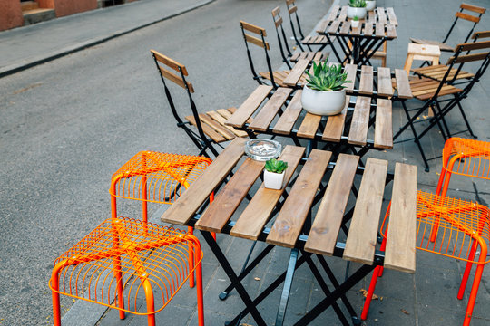 Empty Restaurant Terrace With Tables And Chairs In Budapest, Hungary