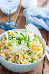 Peking salad with chicken and mayonnaise, selective focus