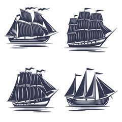 Set of monochrome 4 ships, old ship silhouettes