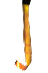 Exposed and developed perforated 35mm color negative analog film trip curled hanging from the top isolated on white