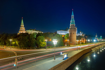 Moscow. Russia. Kremlin. Grand Kremlin Palace. Moscow at night. Tours on the Kremlin embankment. Highway. Moscow river. The capital of Russia at night. Panorama of the Russian Federation. Guide