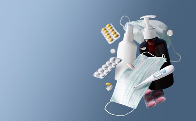Coronavirus protection concept. Pharmacy products fly or fall in air. Medical surgical masks, sanitizer gel for hand, spray, antipyretic tablets, thermometer on blue background. Space for text. 