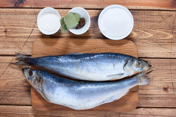 Step-by-step preparation of salted herring, step 1 - preparation of ingredients, top view, selective focus