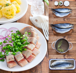 Collage of step by step cooking salted herring, selective focus