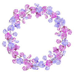 Fototapeta na wymiar Floral round frame of exotic pink and purple flowers orchid. Isolated on a white background. Place for text. Hand drawn. Wreath for your design, greeting cards, invitation. Vector stock illustration.