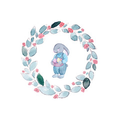 Watercolor Easter bunny with eggs and flowers.