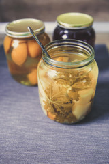 Homemade canned juice from pears and apricots 