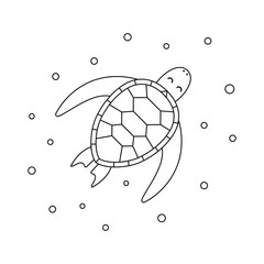 Sea turtle in air bubbles. Cartoon character. Vector illustration.