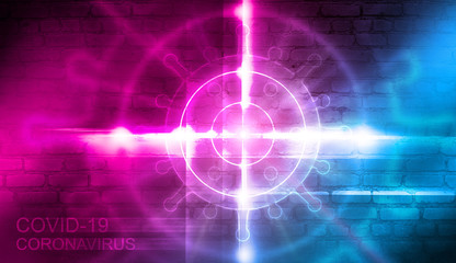 Abstract coronavirus background. Neon pathogen on a dark background. Covid-19.