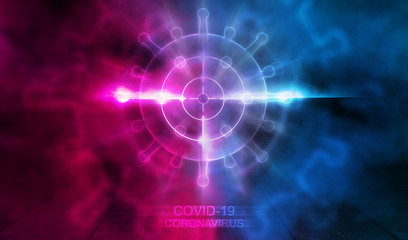 Abstract coronavirus background. Neon pathogen on a dark background. Covid-19.