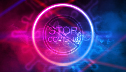 Abstract coronavirus background. Neon pathogen on a dark background. Covid-19.