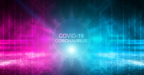 Abstract coronavirus background. Neon pathogen on a dark background. Covid-19.