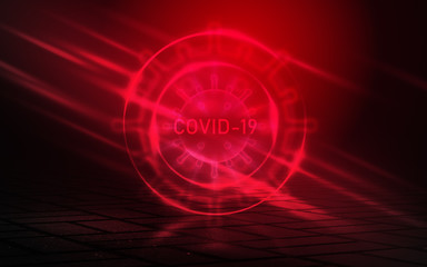 Dark red abstract coronavirus background. Neon pathogen on a brick wall. Covid-19. Stop coronavirus.