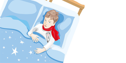 The child is ill. The boy is lying in bed with a thermometer